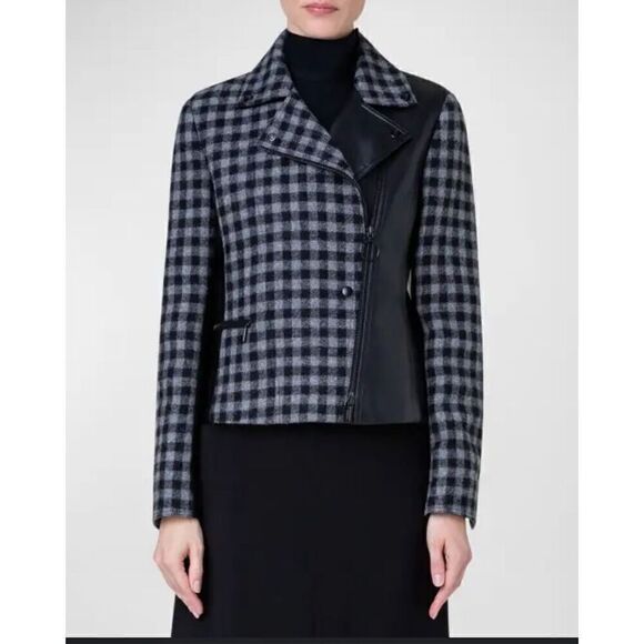 Akris punto Mixed tweed moto jacket gingham vegan leather 8 - Picture 1 of 15